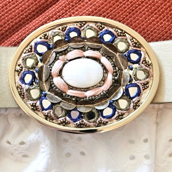 Chico's Leather Belt Bohemian Novelty Gold Tone Leather Embellished Brass Buckle - Picture 3 of 10